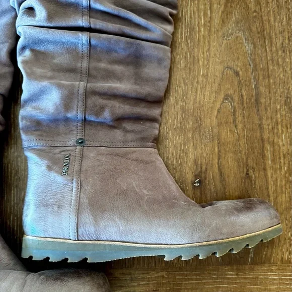 EUC taupe slouchy Prada flat calfskin boots 39 / 8 - Picture 2 of 16